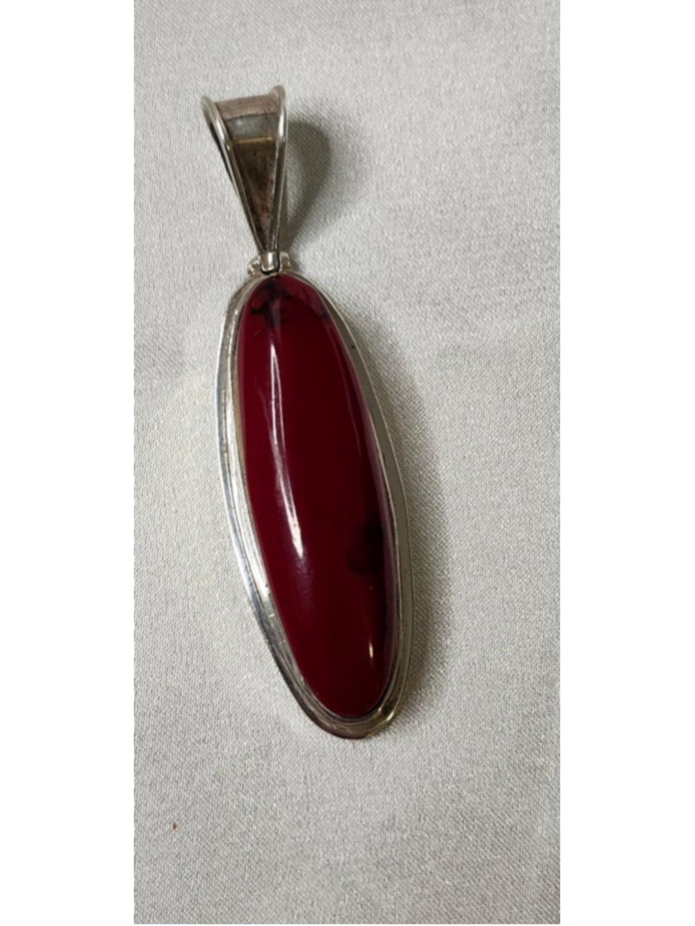 Vintage Mexican Sterling Silver Deep Red Stone Cabochon Marquise Pendant 11g